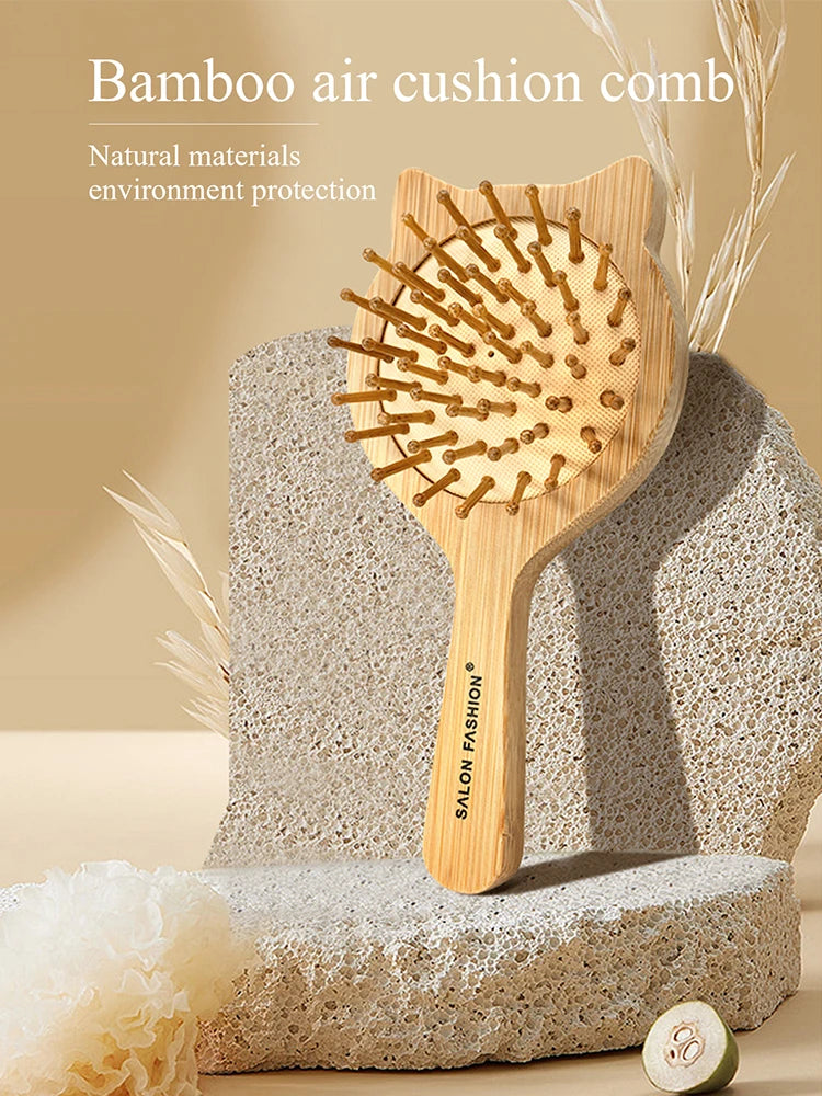 Bamboo Hair Brush – Natural Wooden Anti-Static Comb & Scalp Massager | Air Cushion Design for Women & Men