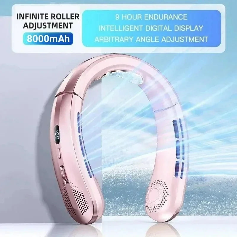 8000mAh Bladeless Hanging Neck Fan – Hands-Free Portable Air Cooler