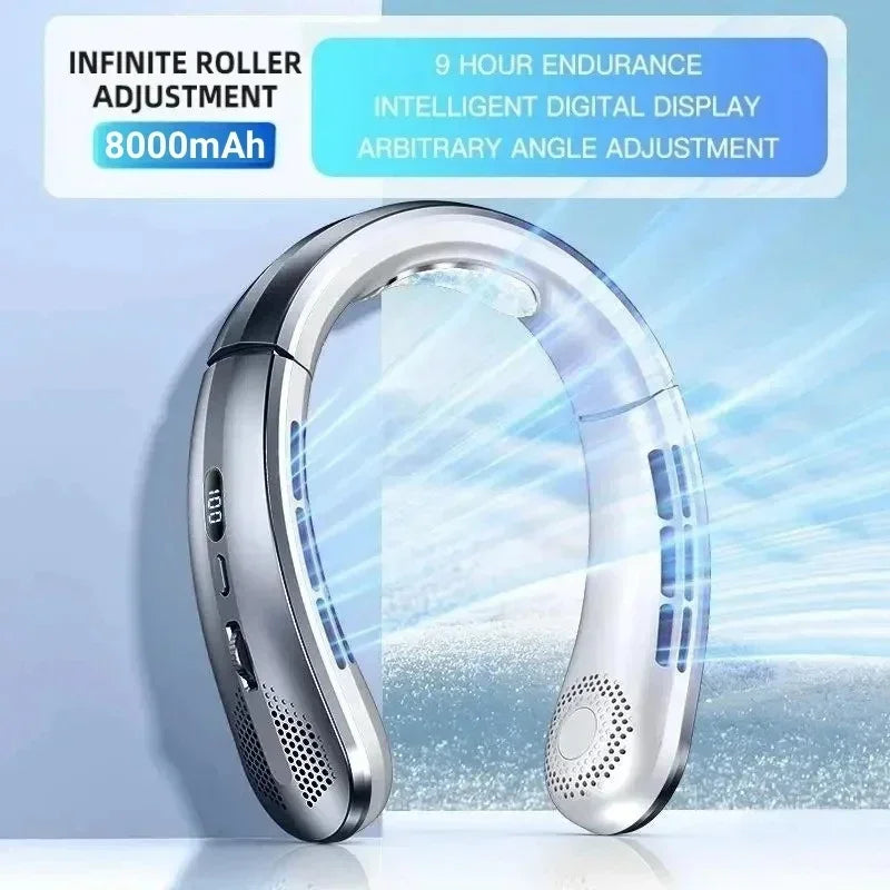 8000mAh Bladeless Hanging Neck Fan – Hands-Free Portable Air Cooler