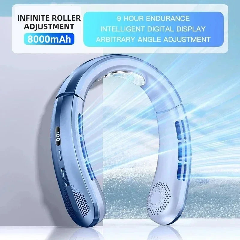 8000mAh Bladeless Hanging Neck Fan – Hands-Free Portable Air Cooler