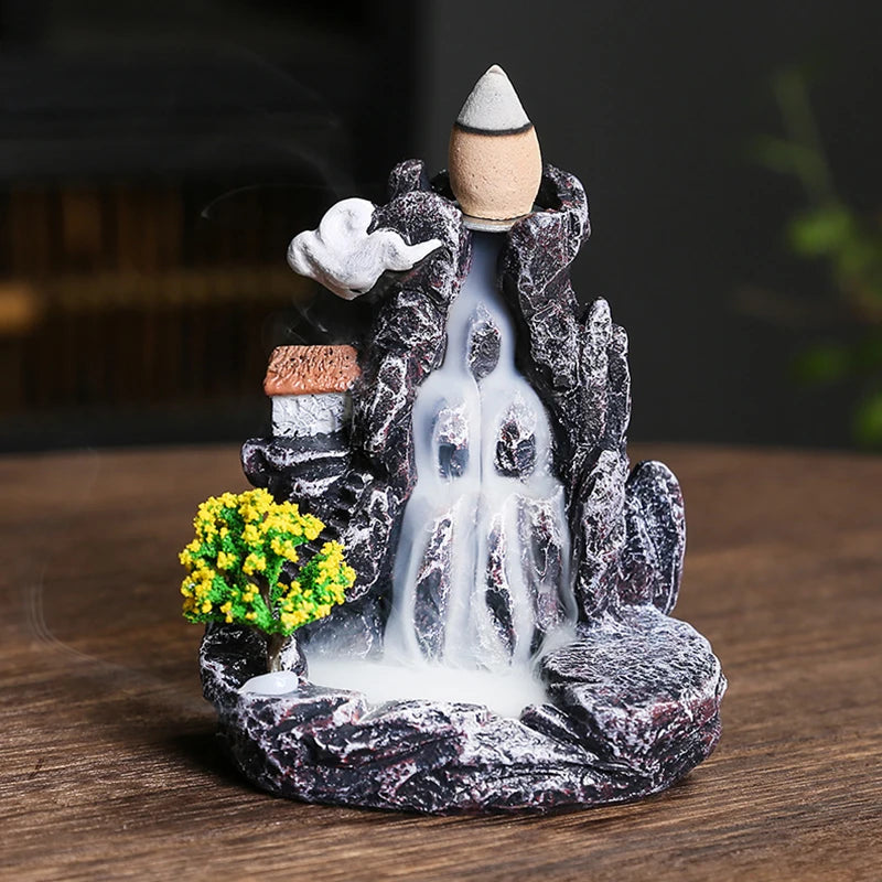 Creative Flowing Mountain Waterfall Incense Burner – Backflow Resin Aromatherapy Holder for Home, Yoga, and Zen Decor