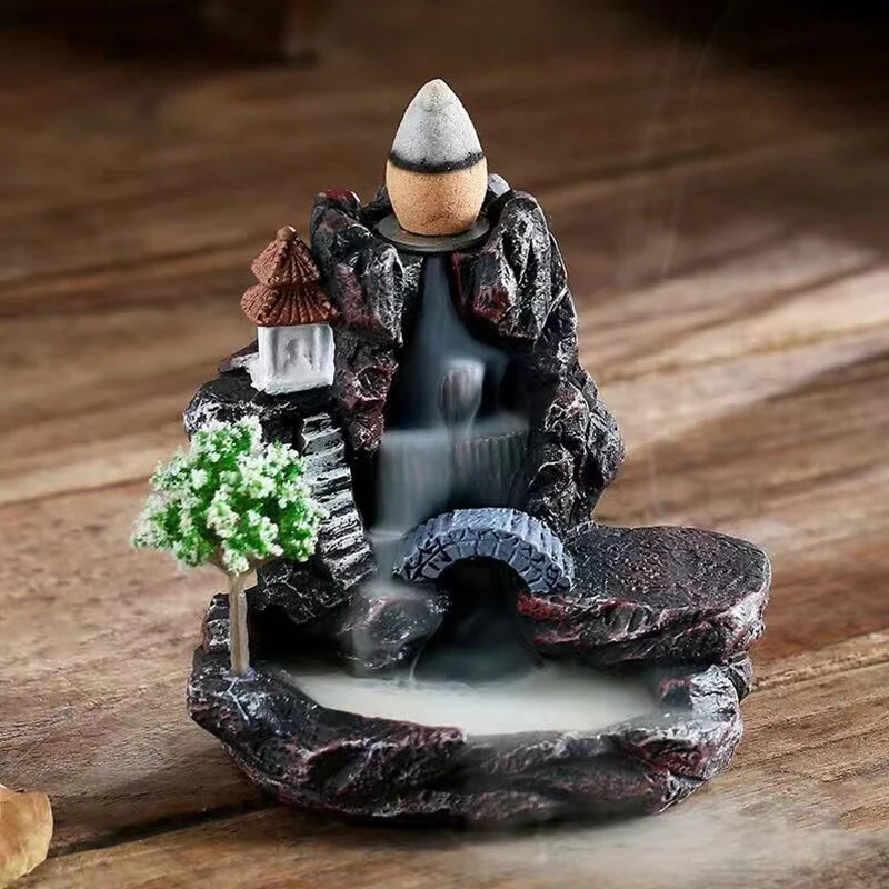 Creative Flowing Mountain Waterfall Incense Burner – Backflow Resin Aromatherapy Holder for Home, Yoga, and Zen Decor